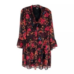 eci Tiered Dress Womens Size 4 Black Dark Floral Chiffon Lined V-Neck Flowy